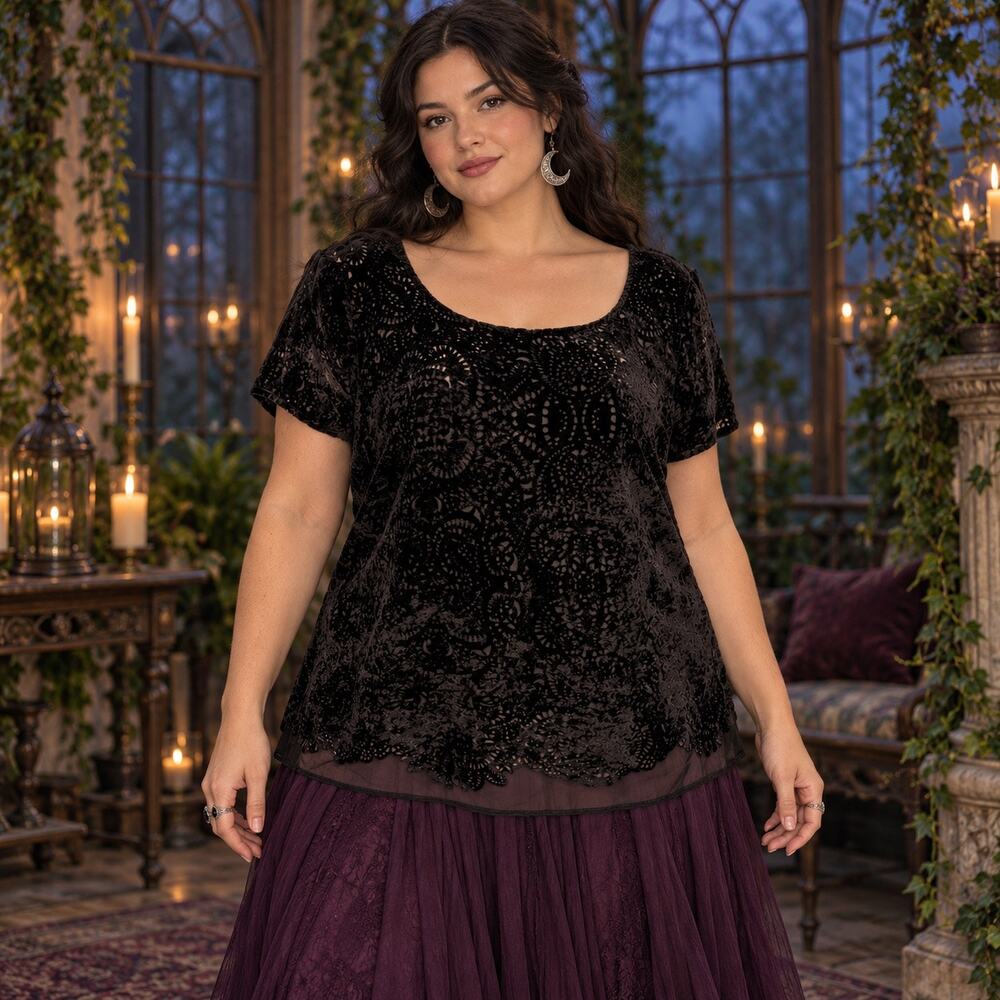 Loft Velvet Burnout Lace Womens Top sz L Whimsigoth Mesh Dark Romantic Witchy